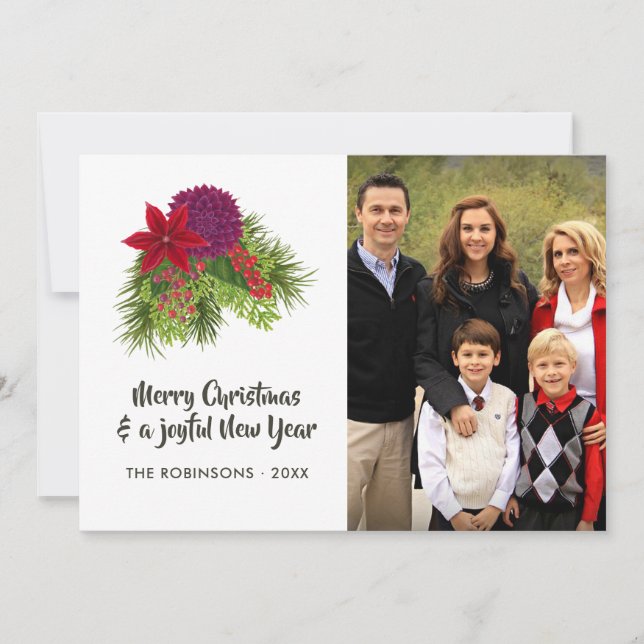 Watercolor Floral Christmas Photo Holiday Card (Front)