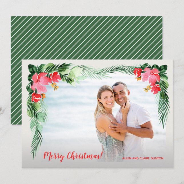 Watercolor Floral Christmas Photo Holiday Card (Front/Back)