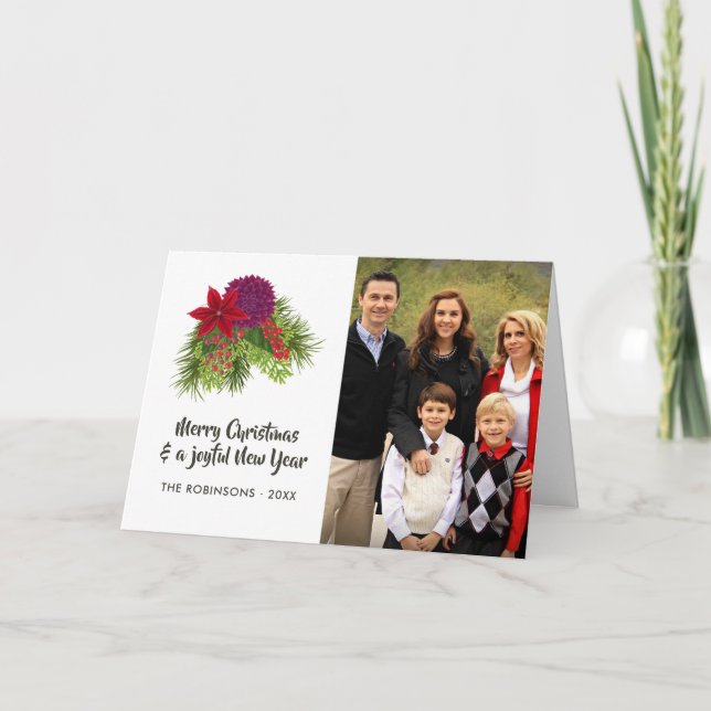 Watercolor Floral Christmas Photo Holiday Card (Front)