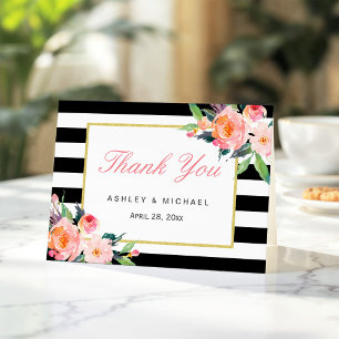 Watercolor Floral Classic Black Stripes Thank You Card