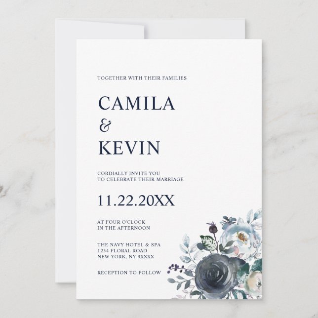Watercolor Floral Classic Navy Blue Wedding Invitation (Front)