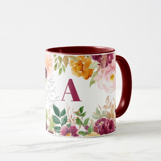 Watercolor floral classy elegant burgundy monogram mug (Front Right)