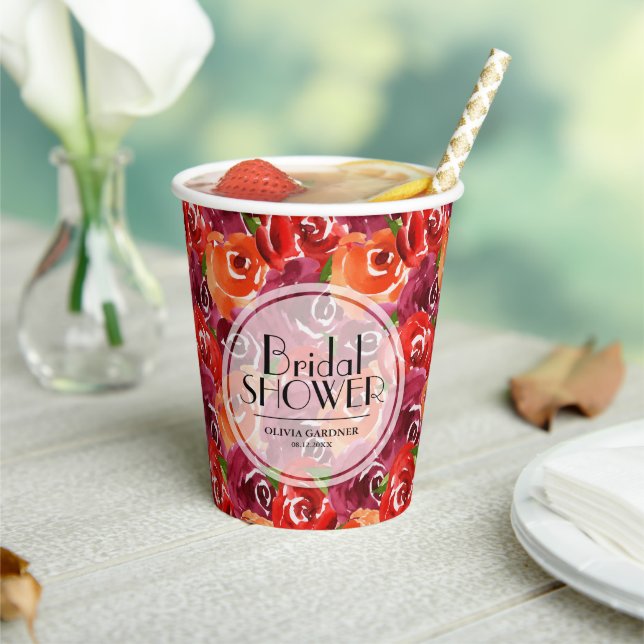 Watercolor Floral Collage Bridal Shower Paper Cups (Insitu)