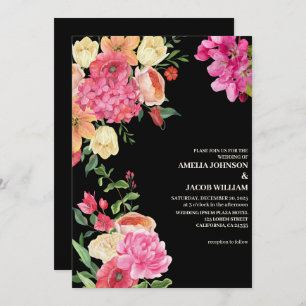 Watercolor floral colour flowers black wedding invitation