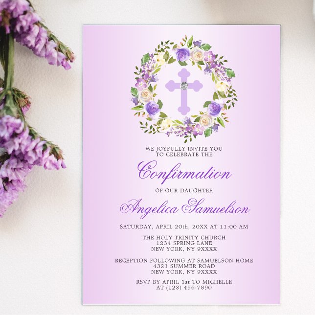 Watercolor Floral CONFIRMATION Purple Lavender Invitation (Creator Uploaded)