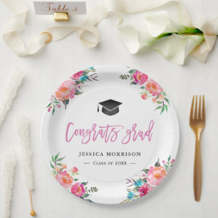 Watercolor Floral Congrats Grad Graduation Party Paper Plate