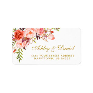 Watercolor Floral Coral Gold Wedding Address Label