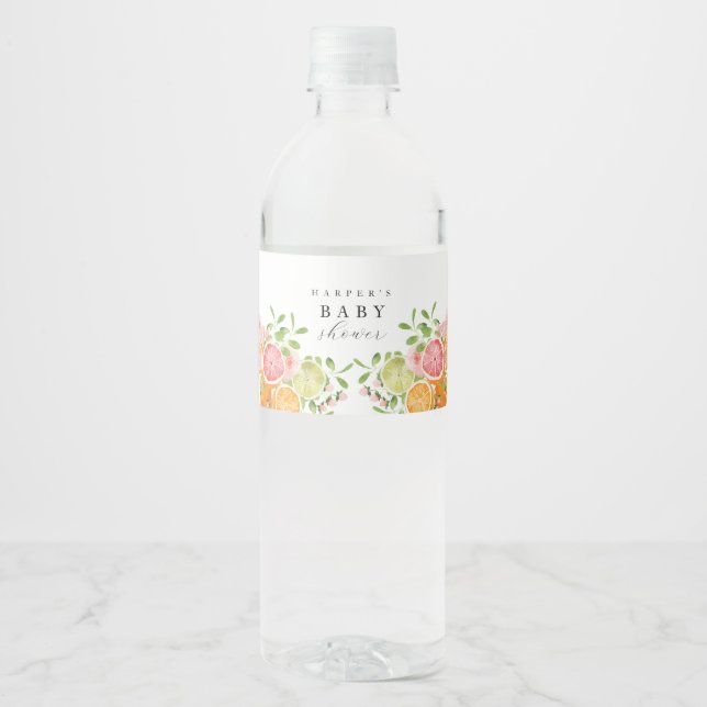 Watercolor Floral Coral Green Baby Shower Water Bottle Label (Front)