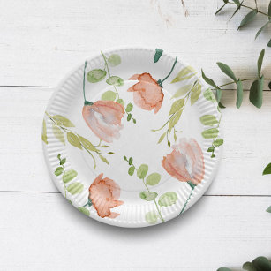 Watercolor Floral Coral Green Bridal Shower Paper Plate