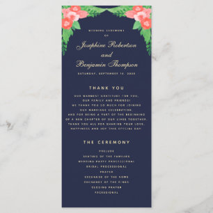 Watercolor Floral Coral & Navy Blue Wedding Programme