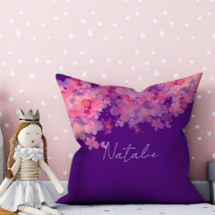 Watercolor floral coral purple name cushion