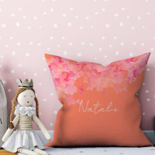Watercolor floral coral salmon name  throw pillow