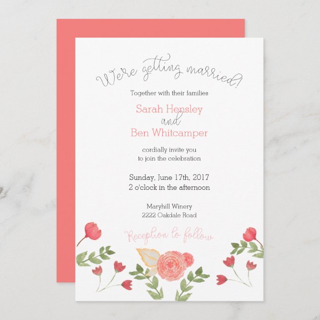 Watercolor Floral Coral Wedding Invitation (Front/Back)