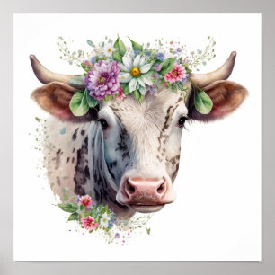Watercolor floral cow poster