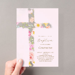 watercolor floral cross Baptism Invitation