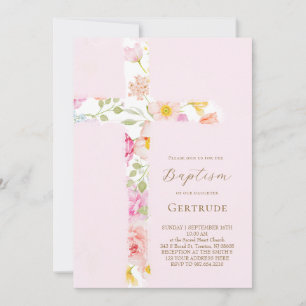 watercolor floral cross Baptism Invitation