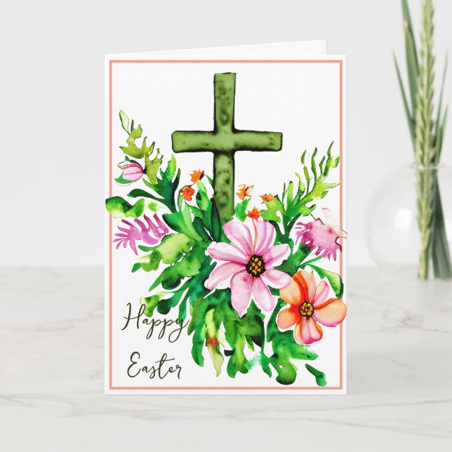 Watercolor floral cross custom Easter Holiday Card (Front)