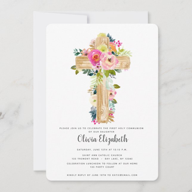 Watercolor Floral Cross First Communion Invitation (Front)