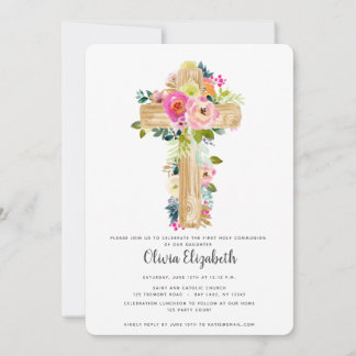 Watercolor Floral Cross First Communion Invitation
