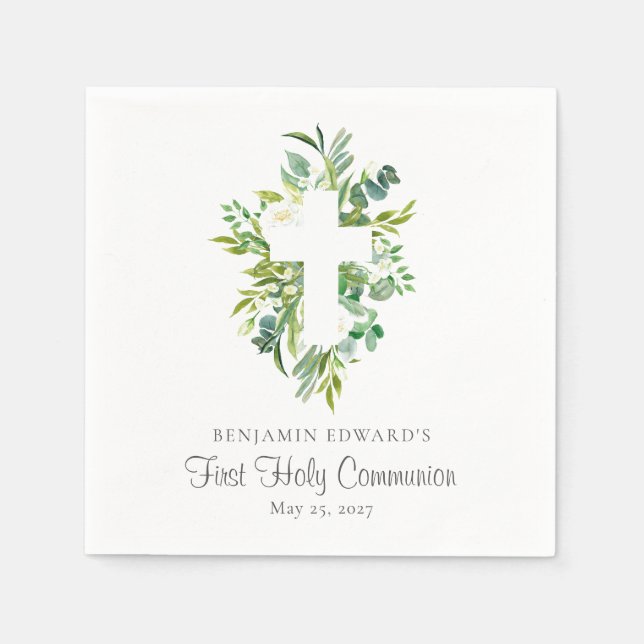 Watercolor Floral Cross Greenery First Communion Napkin (Front)