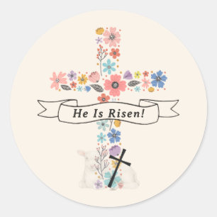 Watercolor Floral Cross He Is Risen Easter   Classic Round Sticker