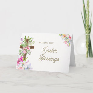 Watercolor Floral Cross Religious Easter Blessings Holiday Card