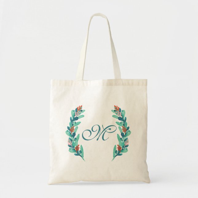 Watercolor Floral Custom Monogram Tote Bag (Front)