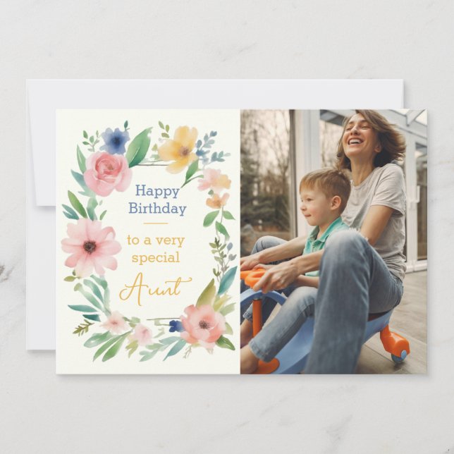  Watercolor Floral Custom Photo Birthday Card (Front)