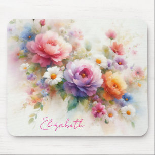 Watercolor Floral Custom Script Name Template Mouse Pad