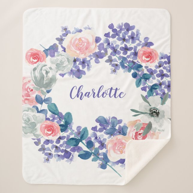 Watercolor Floral Customisable Baby girl Name  Sherpa Blanket (Front)