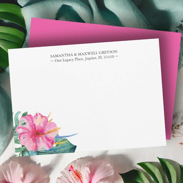 Watercolor Floral Customised Note Cards (Wedding note cards feature watercolor tropical pink hibiscus flower art by Victoria Grigaliunas)
