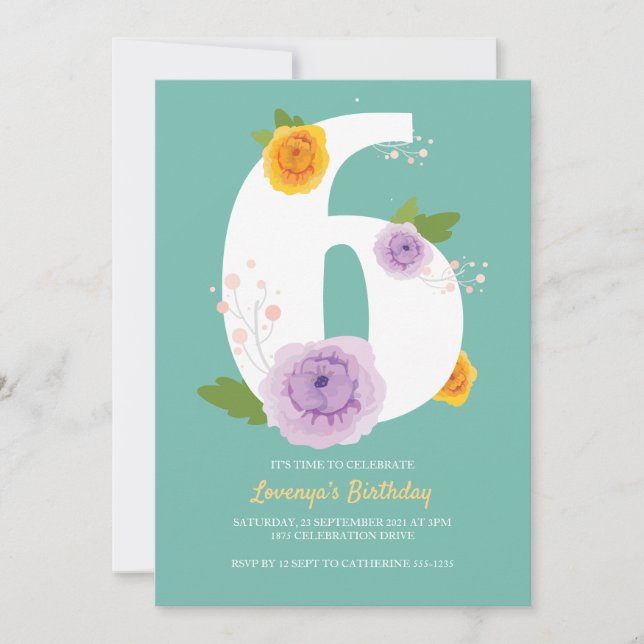 Watercolor Floral Cute 6th Birthday Save The Date (Front)