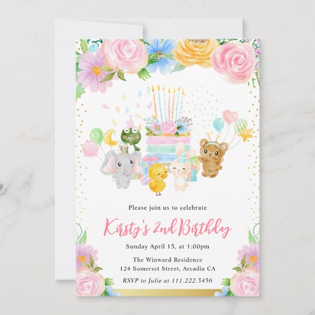 Watercolor Floral Cute Animal Friends Birthday Invitation (Front)