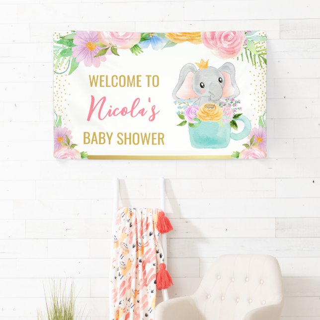 Watercolor Floral Cute Elephant Baby Shower Banner (Insitu)
