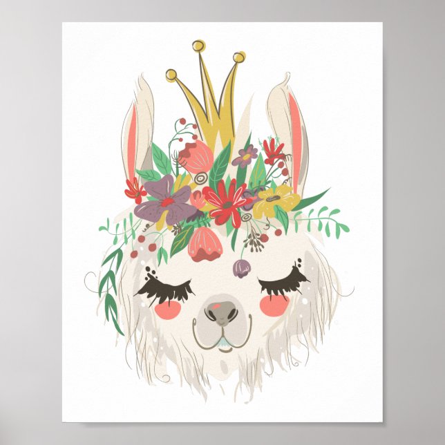Watercolor Floral Cute Llama Face Poster (Front)
