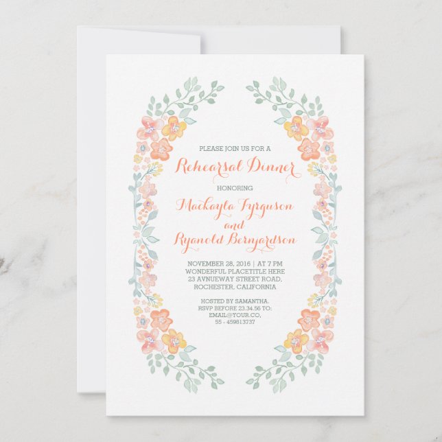 watercolor floral cute wreath rehearsal dinner invitation (Front)