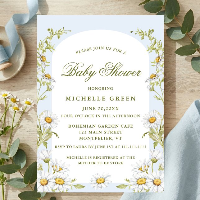 Watercolor Floral Daisy Baby Shower Light Blue Invitation (Creator Uploaded)