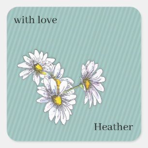 Watercolor Floral Daisy Duck Egg Blue Boho Favor Square Sticker