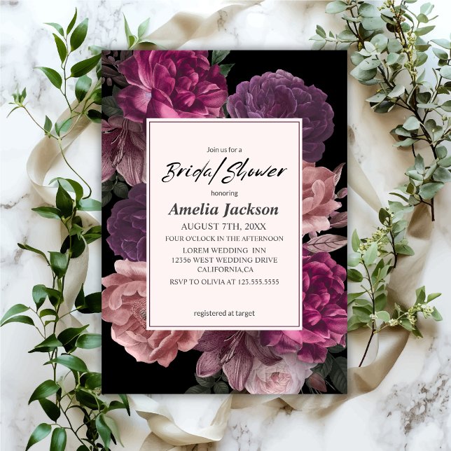  Watercolor floral dark moody black bridal shower Invitation (Creator Uploaded)