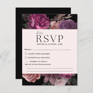Watercolor floral dark moody romantic wedding RSVP card