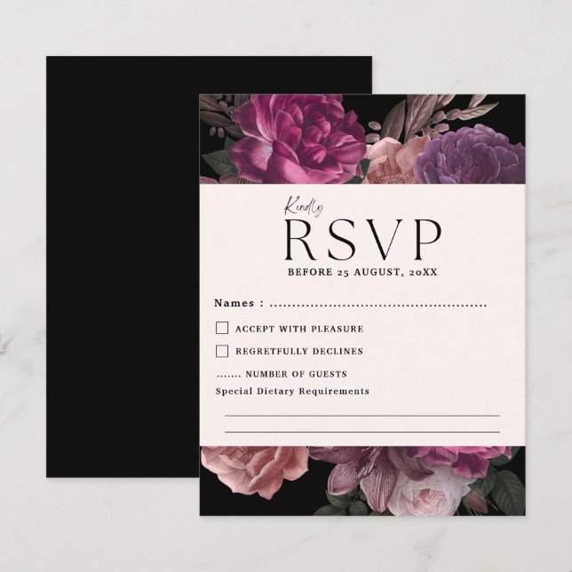 Watercolor floral dark moody romantic wedding RSVP card (Front/Back)