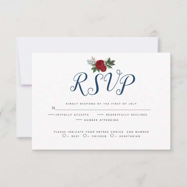 Watercolor Floral Deep Blue Burgundy Peonies RSVP Card (Front)