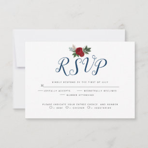 Watercolor Floral Deep Blue Burgundy Peonies RSVP Card