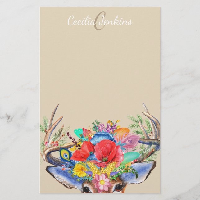 Watercolor Floral Deer Antlers & Name Stationery (Front)