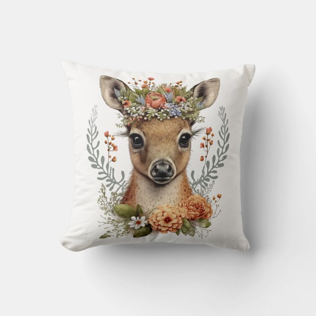 Watercolor Floral Deer Cute Cushion (Front)