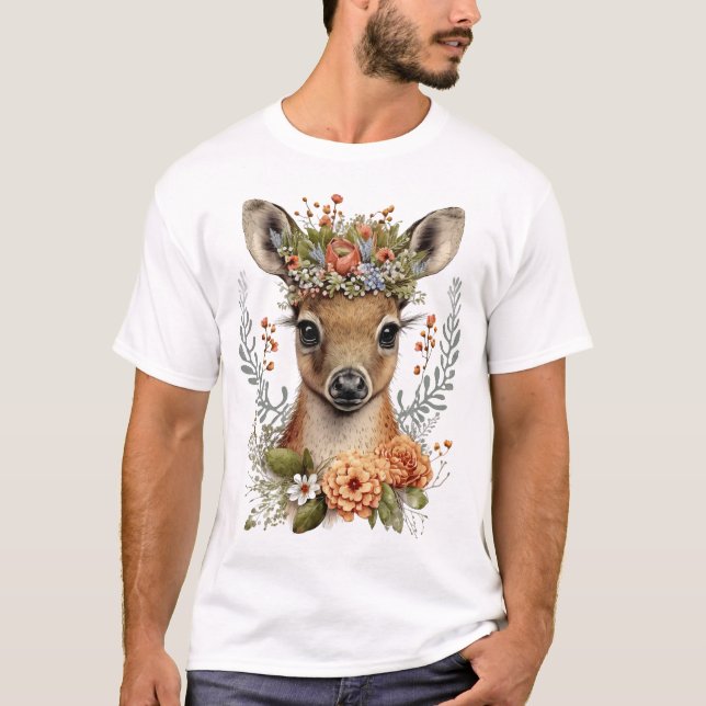 Watercolor Floral Deer Cute T-Shirt (Front)
