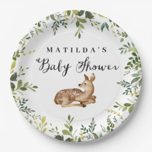Watercolor floral deer woodland baby shower party paper plate