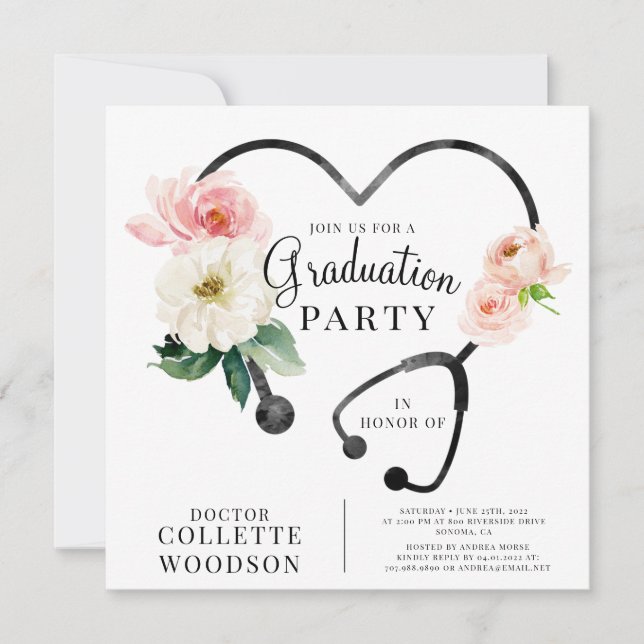 Watercolor Floral Doctor Graduation Invitation (Front)
