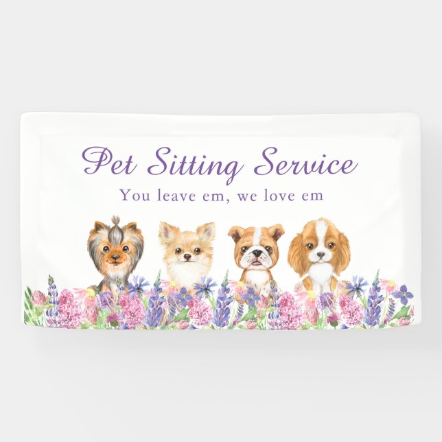 Watercolor Floral Dog Pet Sitting Groom Business Banner (Horizontal)