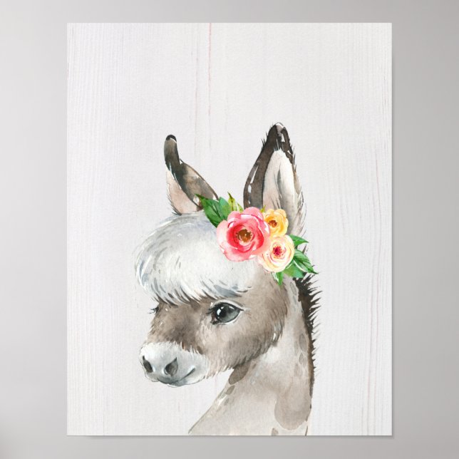 Watercolor Floral Donkey Farmhouse Style Art Poster (Front)